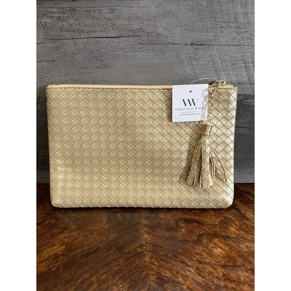 NWT Virginia Wolf Woven Clutch Purse Zip Pouch Beige Gold Tassel Vegan Leather